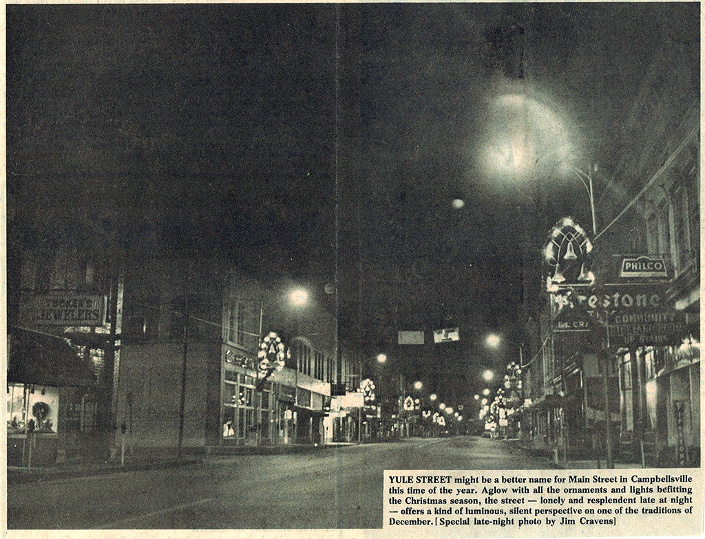 ornaments handing up on main street poles in 1975